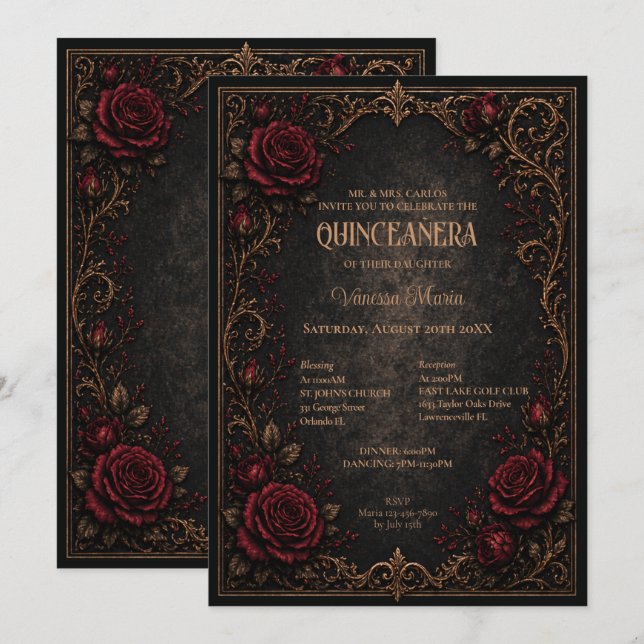 Gothisk Halloween Blommig Quinceanera Inbjudan (Fram/baksida)