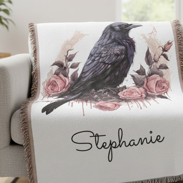 Gothisk Raven Blommig Mörk Akademia Filt (Gothic Raven and Roses blanket)