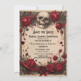 Gothisk Save the Date-mall med dödskalle och rosor Inbjudningar