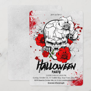 Gothisk skiss dödskalle röd ros Halloween-fest Inbjudningar