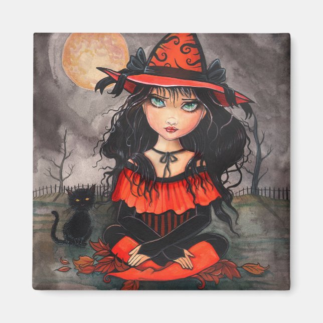 Gothisk stor öga Halloween häxa katt konstmagnet Magnet (Framsidan)