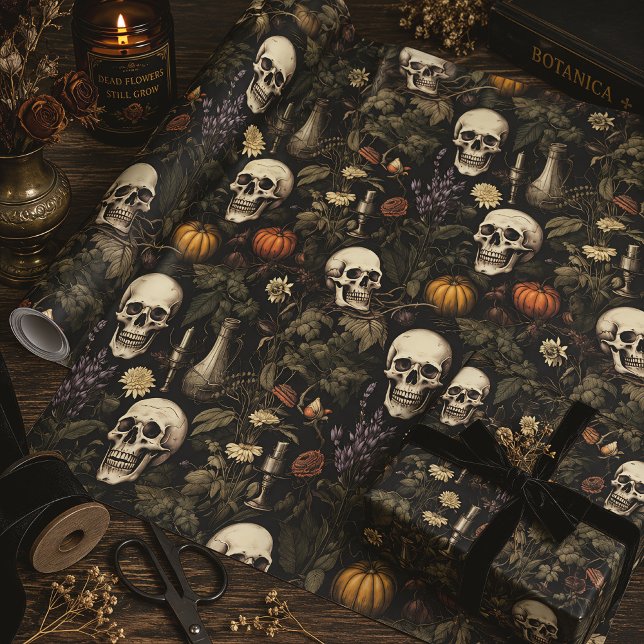 Gothiska botaniska dödskallar och halloween-pumpor presentpapper (Skapare uppladdad)