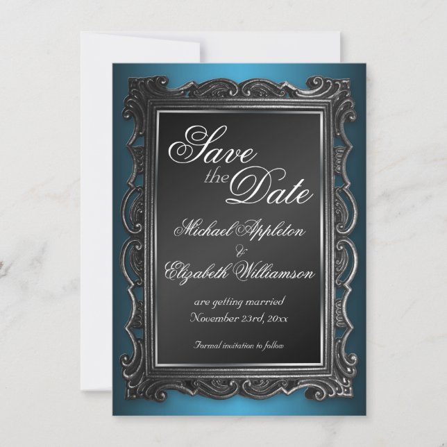 Gothiska ramar blåa Save the Date-kort Inbjudningar (Framsida)