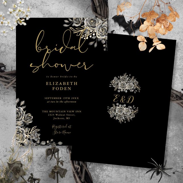 Gothiska rosor Blommande svart och guld bröllopsfe Inbjudningar (Gothic Roses Floral Black And Gold Bridal Shower Invitation)