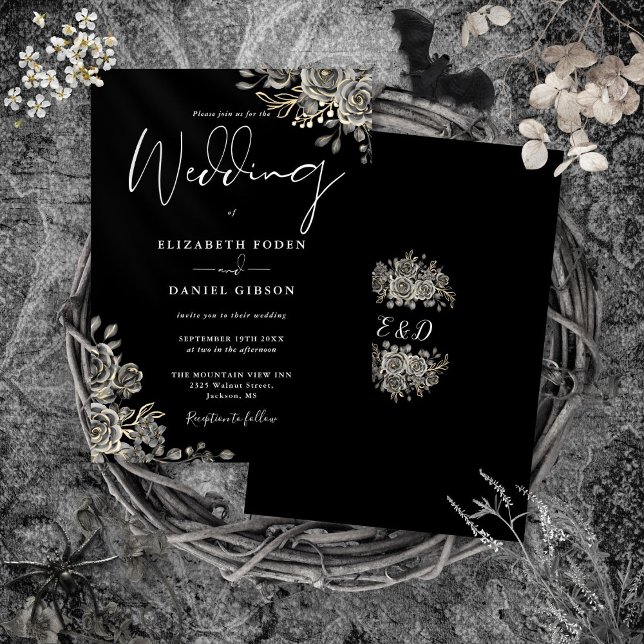 Gothiska rosor Blomstermönster i svart och vitt br Inbjudningar (Gothic Roses Floral Black And White Wedding Invitation)