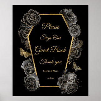 Gothiska rosor kistbröllop gästbok bordsskylt poster