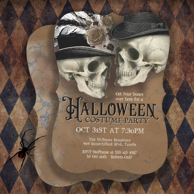 Gothma Döskallar i Hats Halloween Costume Party Inbjudningar (Plan an epic haunted house Halloween Party with this gothic skulls party invitation.)