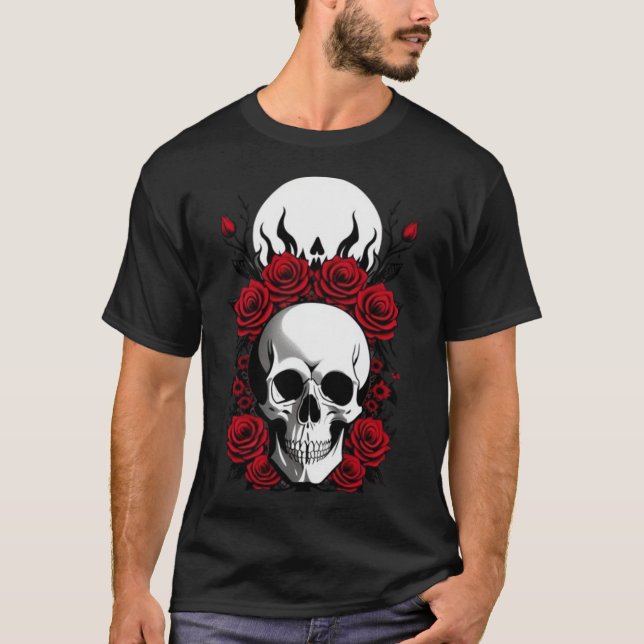 Gothma Döskallar och rödblommor Basic Mörk T-Shirt (Framsida)
