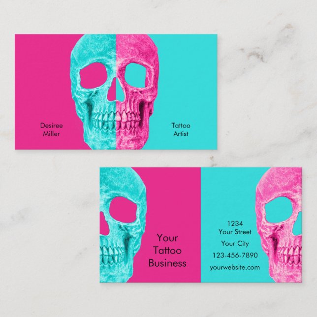 Gothous Halal Skull Head Teal Rosa Tatto Shop Visitkort (Fram/baksida)