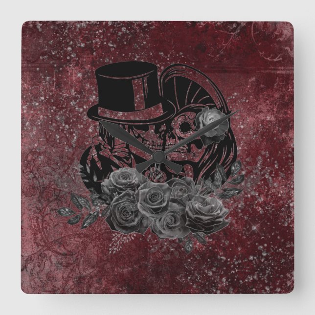 Gothous Kissing-Döskallar par och blod röd yttre Fyrkantig Klocka (Framsida)