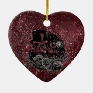 Gothous Kissing-Döskallar par och blod röd yttre Julgransprydnad Keramik