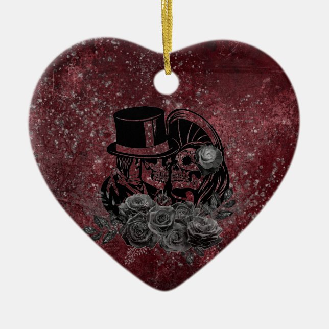 Gothous Kissing-Döskallar par och blod röd yttre Julgransprydnad Keramik (Framsidan)