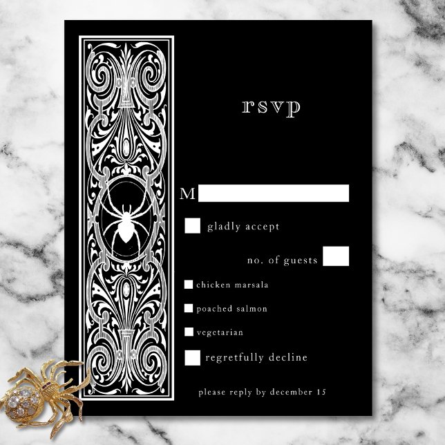 Gothy Spooky Spider Black White Bröllop Middag OSA Kort (Gothic Spooky Spider Black White Wedding Dinner RSVP Card)