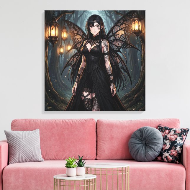 Gotisk Anime Älvflicka i Förtrollad Skog Canvastryck (Insitu (Vardagsrum))