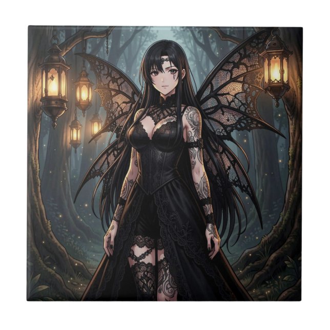 Gotisk Anime Sagoflicka i Förtrollad Skog Kakelplatta (Framsidan)