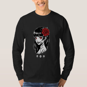 Gotisk Animeflicka med röda rosögon kuslig skräck T Shirt