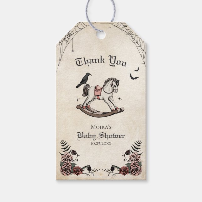 Gotisk Baby Shower Gunghäst Tack Presentetikett (Framsidan)
