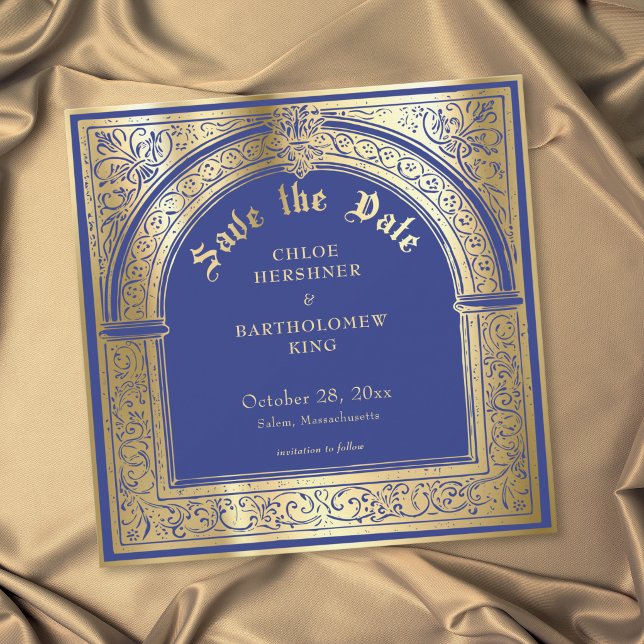 Gotisk Blå Guld Medeltida Bröllop Spara Datumet (Gothic Blue Gold Medieval Wedding Save The Date)