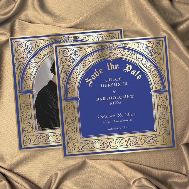 Gotisk Blå Guld Medeltida Foto Bröllop Spara Datumet (Gothic Blue Gold Medieval Til Death Photo Wedding Save The Date)