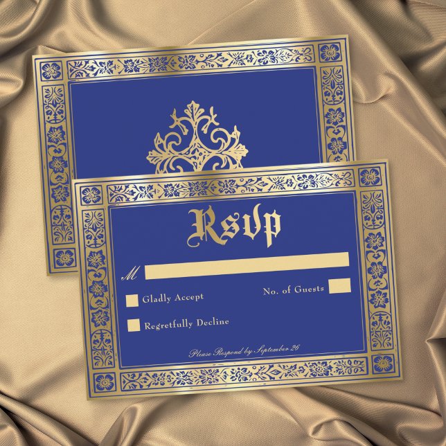 Gotisk Blå Guld Medeltida Tills Döden Bröllop OSA Kort (Gothic Blue Gold Medieval Until Death Wedding RSVP Card)