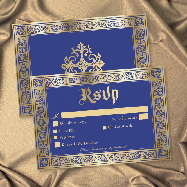 Gotisk Blå Guld Medeltida Tills Döden Bröllop OSA Kort (Gothic Blue Gold Medieval Until Death Wedding RSVP Card)