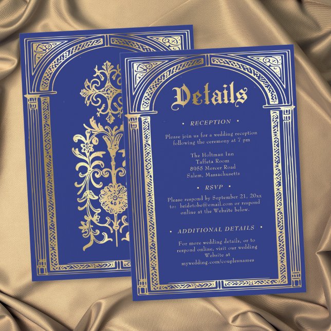 Gotisk Blå Guld Medeltida Tills Döden Bröllop Tilläggskort (Gothic Blue Gold Medieval Until Death Wedding Enclosure Card)