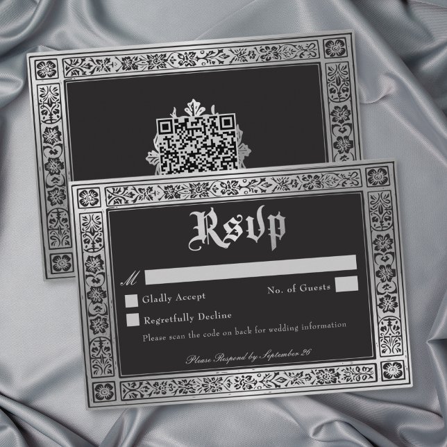 Gotisk Blå Silver Medeltida Bröllops QR OSA Kort (Gothic Blue Silver Medieval Wedding QR RSVP Card)