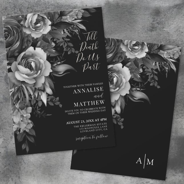 Gotisk Blommig Svart Bröllop Inbjudningar (Gothic Floral Black Wedding Invitation)