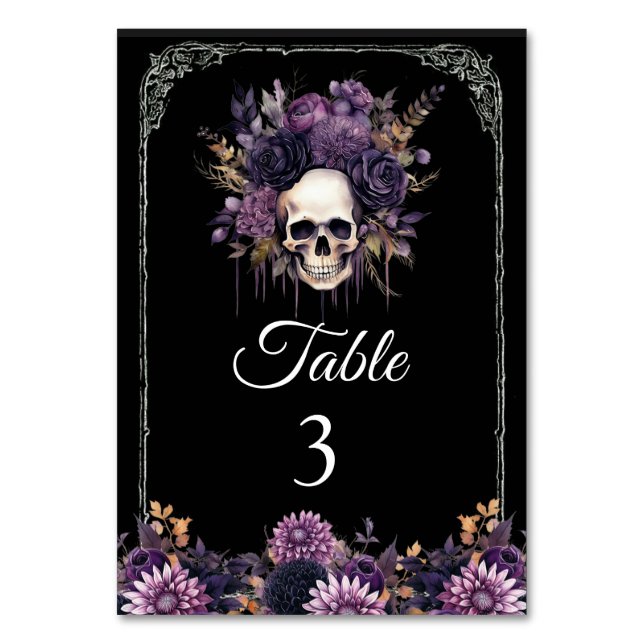Gotisk blomster skalle Halloween bröllop bord numm Bordsnummer (Framsidan)