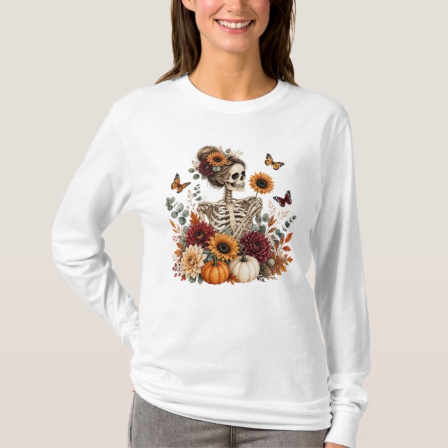 Gotisk blomster skelett höst Halloween T Shirt (Framsida)