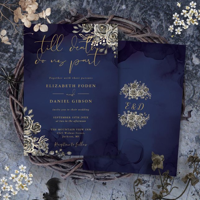 Gotisk blomsterbröllop i guld och midnattsblått inbjudningar (Gothic Floral Gold And Midnight Blue Wedding Invitation)