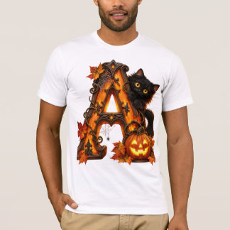 Gotisk bokstav A Halloween-pumpa & svart katt T Shirt