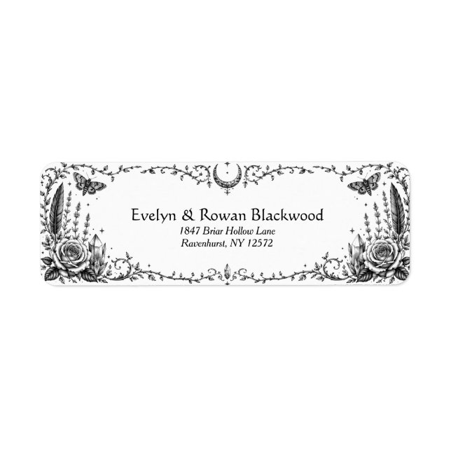 Gotisk botanisk svart-vit bröllop returadress etikett (Framsidan)