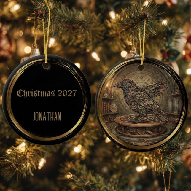 Gotisk brons Steampunk Korp Dekoration (Bronze steampunk raven ceramic ornament for dark academia fans and Victorian holiday decor)