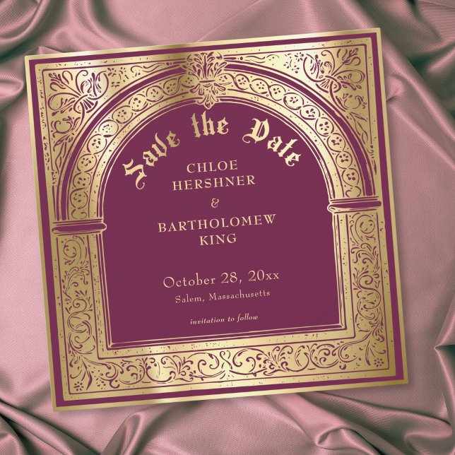Gotisk Burgundisk Guld Medeltida Bröllop Spara Datumet (Gothic Burgundy Gold Medieval Wedding Save The Date)