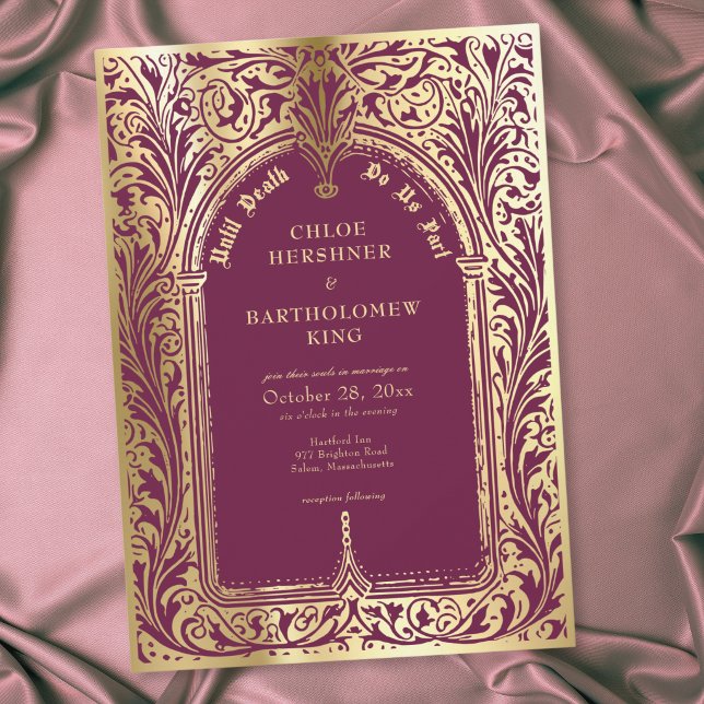 Gotisk Burgundy Guld Medeltida Tills Döden Bröllop Inbjudningar (Gothic Burgundy Gold Medieval Until Death Wedding Invitation)