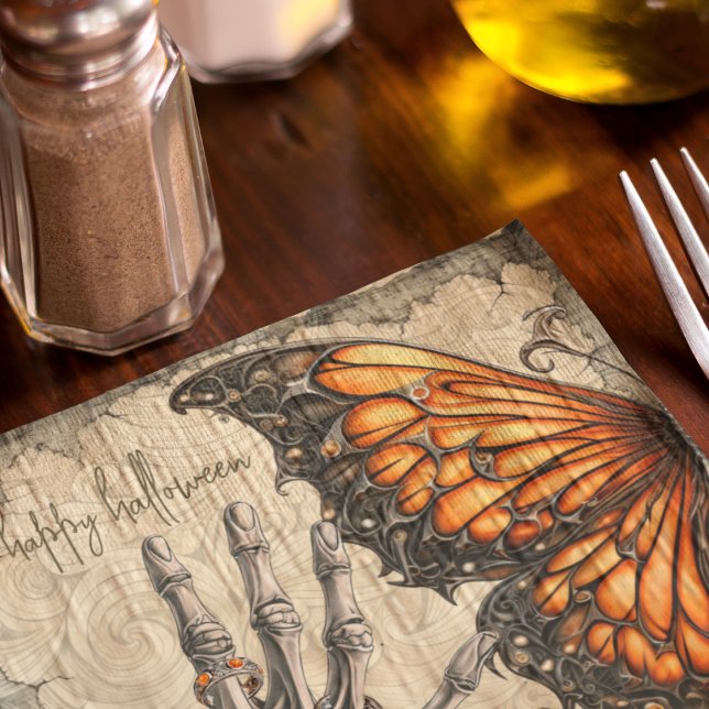 gotisk | Butterfly | Skeleton Hand | Victorian Pappersservett (Gothic butterfly and spooky skeleton hand on Halloween party napkins you can customize. )