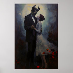 Gotisk demon och kvinna dansar i månljus, mörkt poster