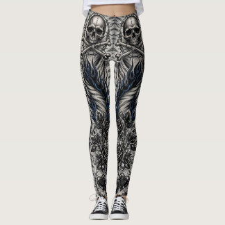 Gotisk dödskalle, blå lågor tiger ränder tatuering leggings