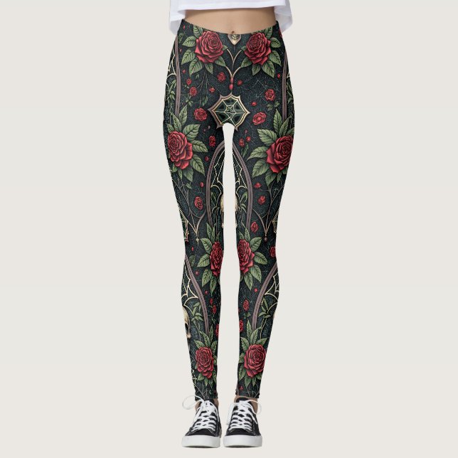 Gotisk Dödskalle Blommig Celestial Mönster (3) Leggings (Framsida)