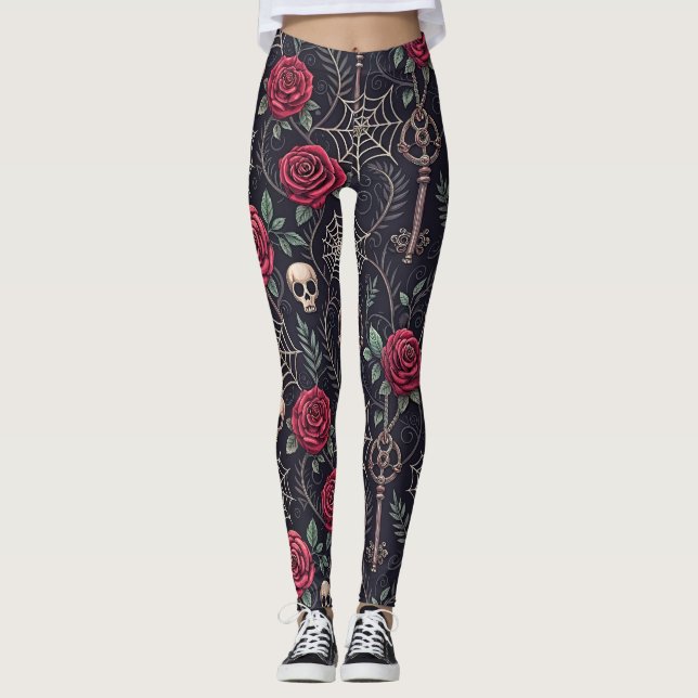 Gotisk Dödskalle Blommig Celestial Mönster (4) Leggings (Framsida)