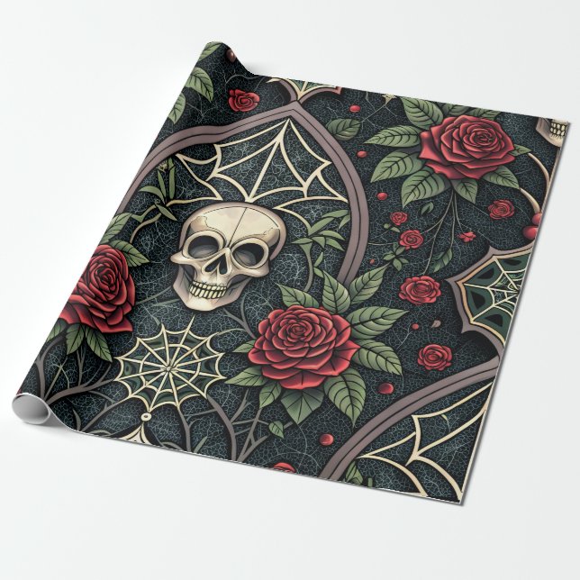 Gotisk Dödskalle Blommig Celestialt Mönster (3) Presentpapper (Utrullad)