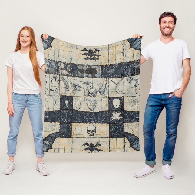 Gotisk dödskalle & fladdermus Denim Collage Fleecefilt (På plats)