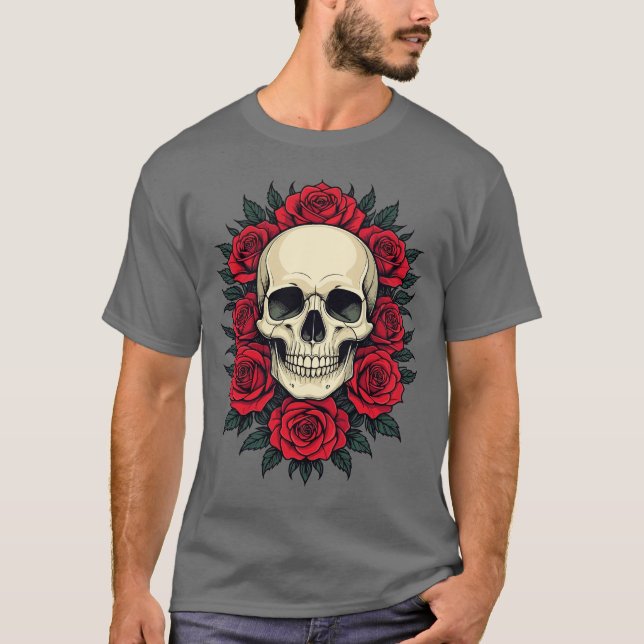 Gotisk Dödskalle Omgiven Av Röda Rosor T Shirt (Framsida)