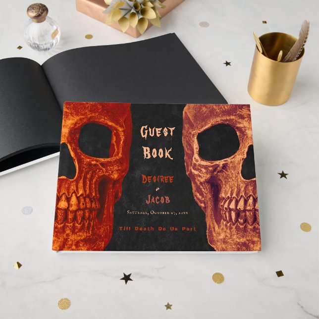Gotisk dödskalle orange svart Halloween bröllop Gästböcker (Framsida Öppen)
