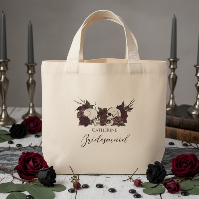 Gotisk dödskalle & ros brudtärna mini tygkasse (Elegant Gothic Wedding Tote Bags. Dark Floral Skulls with Burgundy and Mauve Roses for Bridesmaid)