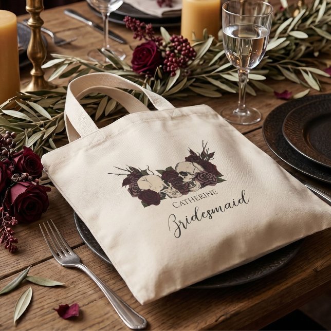 Gotisk dödskalle & Ros Brudtjänsteflicka Mini Tygkasse (Moody soft gothic bridesmaid tote features hand-drawn skulls and roses for a dark romantic aesthetic)