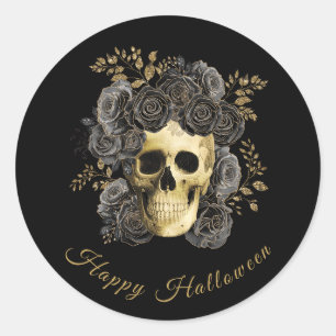 Gotisk dödskalle Svarta & Gyldna Rosor Halloween Runt Klistermärke