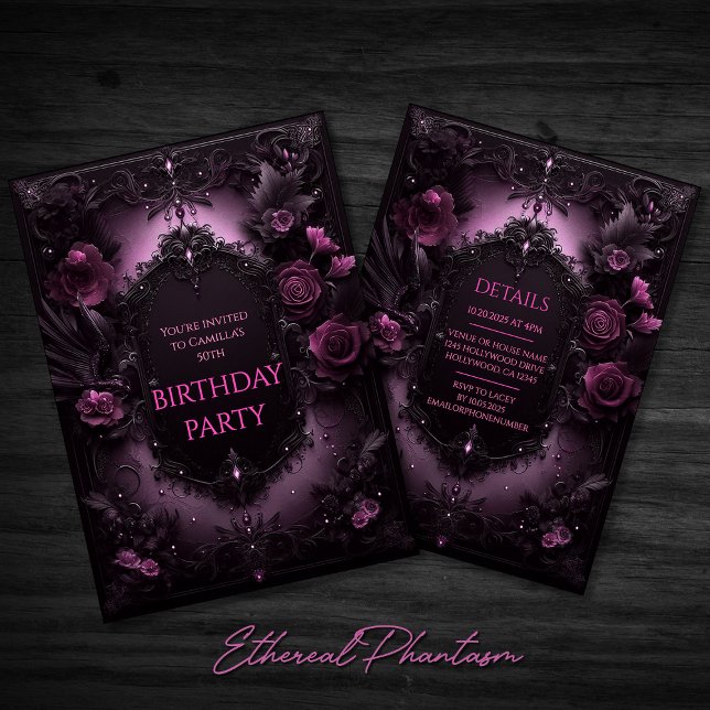 Gotisk Elegans Rosa och Svart Födelsedagsinbjudan Inbjudningar (Pink and Black Elegant Goth Goth Floral Rose Roses Birthday Party Invitation Invite Evite Dark Chic)