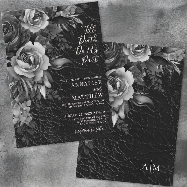 Gotisk Elegant Blommig Svart Bröllop Inbjudningar (Gothic Elegant Floral Black Wedding Invitation)
